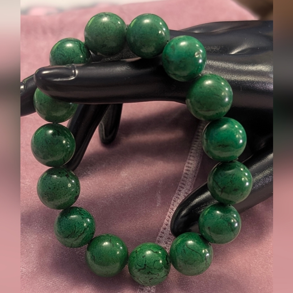 Elegant Green Picture Jasper Stretch Beaded Bracelet Size 7/7.5